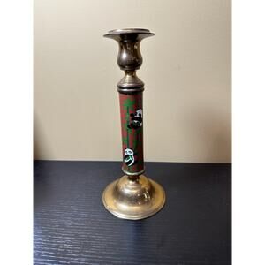 Vintage Brass Cloisonne Panda Bamboo Taper Candlestick Holder Red Enamel 9.5 in.